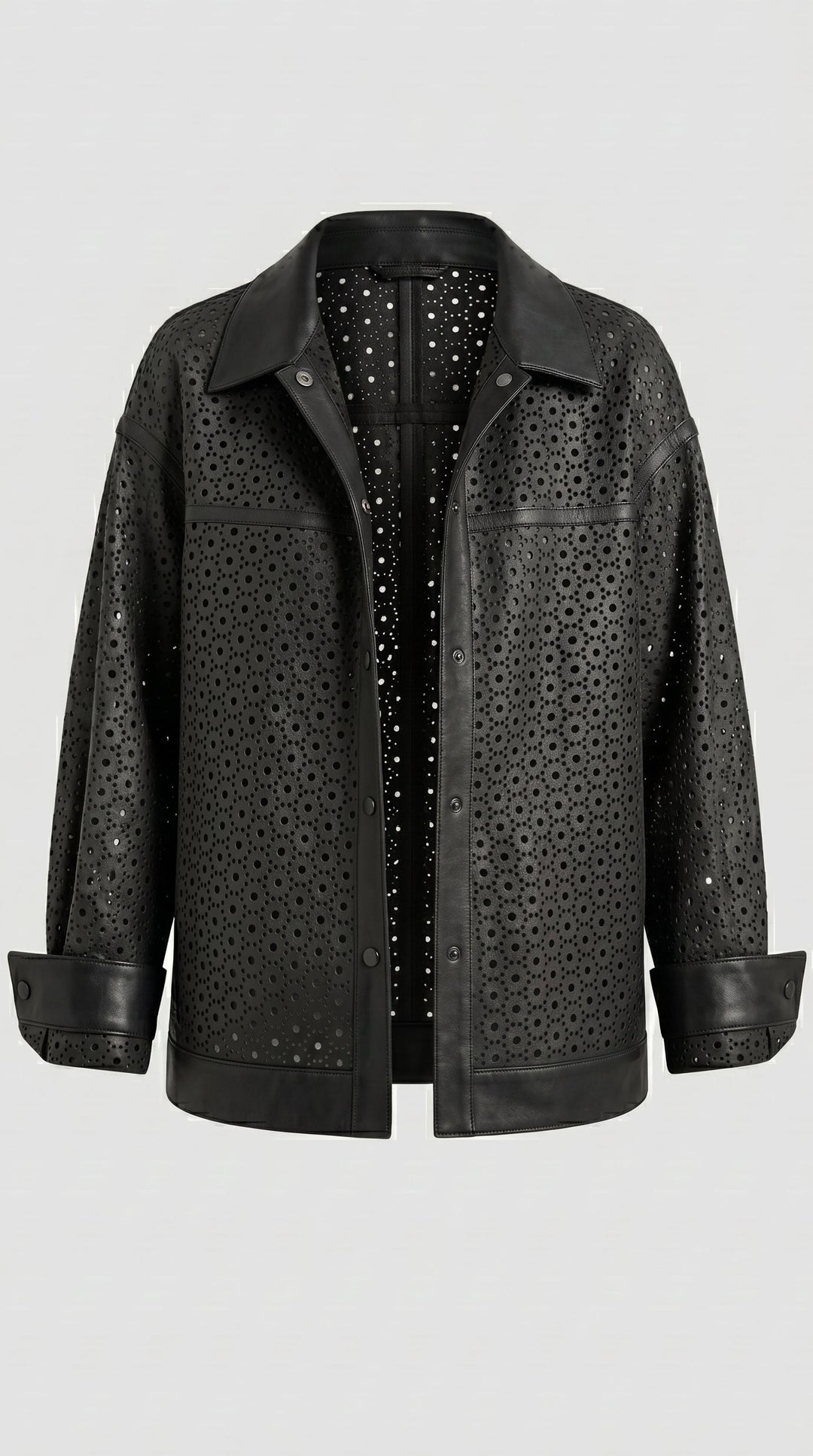 MICHELE - Cropped perfora, black, collared, button-up jacket, perforated detail, fashion garment