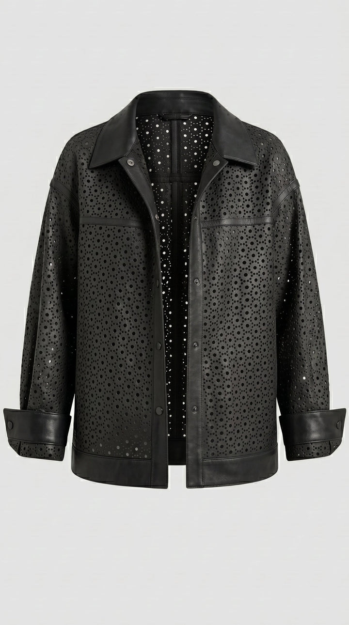 MICHELE - Cropped perfora, black, collared, button-up jacket, perforated detail, fashion garment