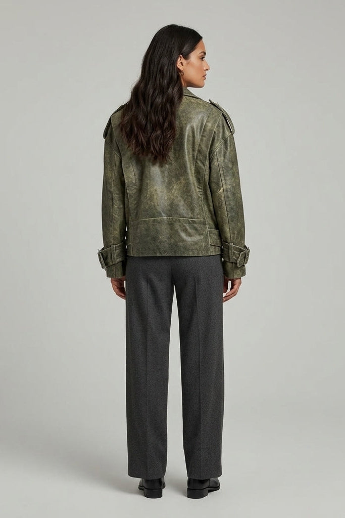 MILLER - Retro Sheepskin - distressed olive leather, biker jacket, rear view