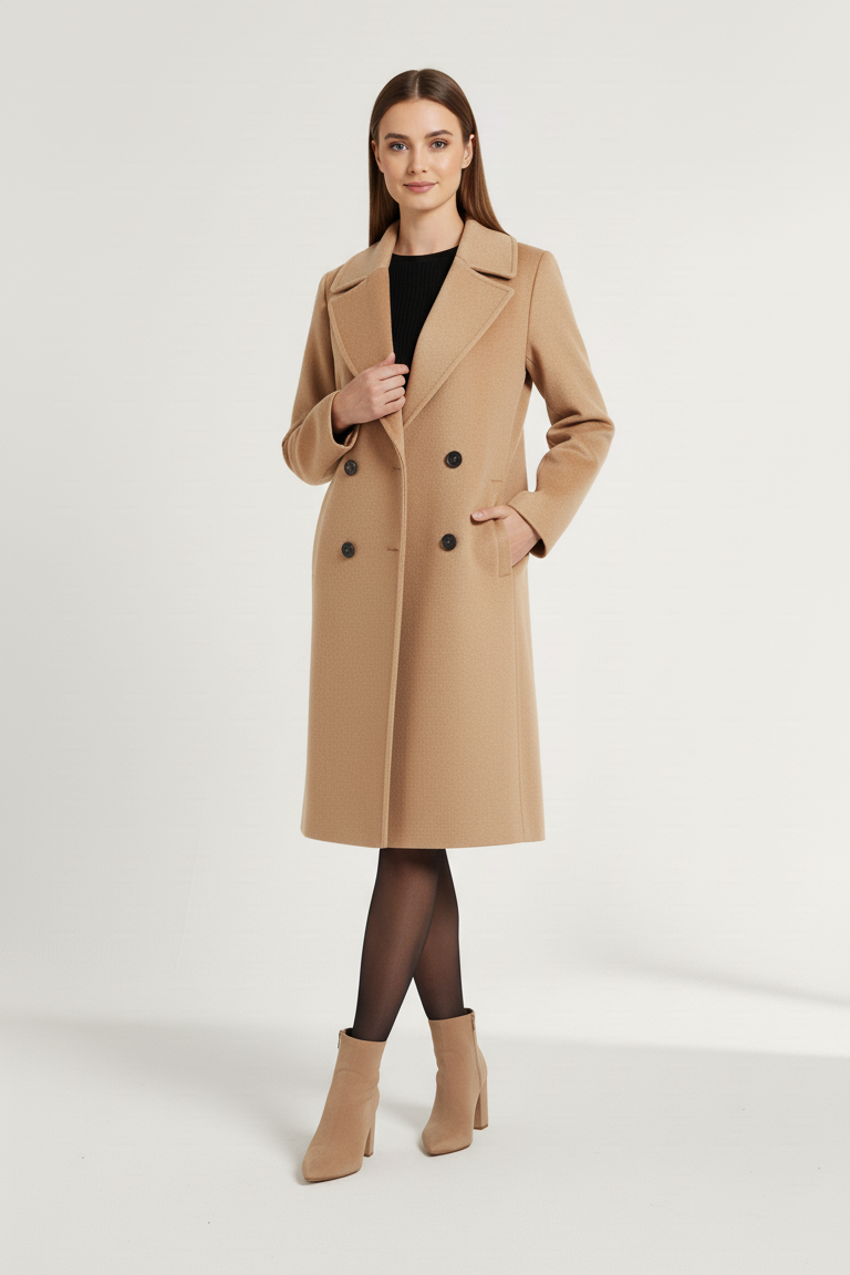 Woman wearing a beige coat on a white background