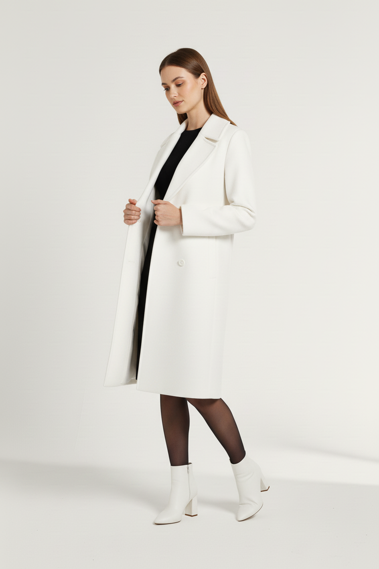 Woman wearing a white coat on a plain background