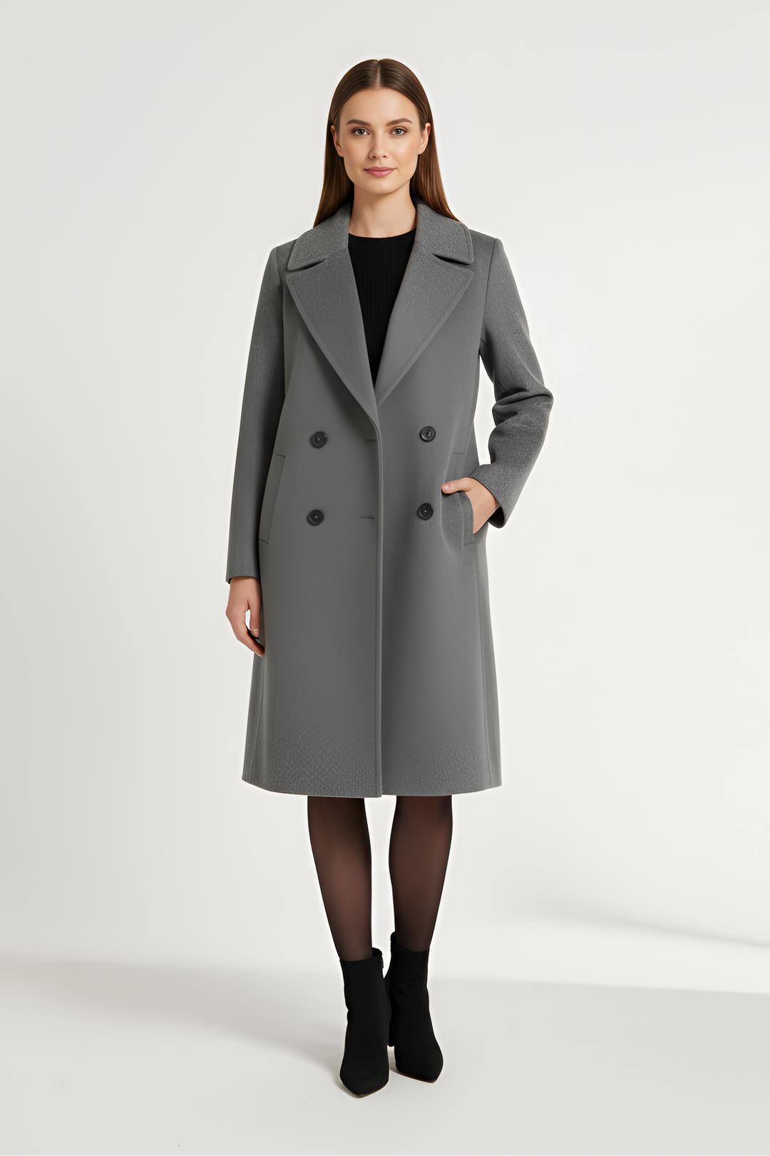 Woman wearing a gray coat on a white background