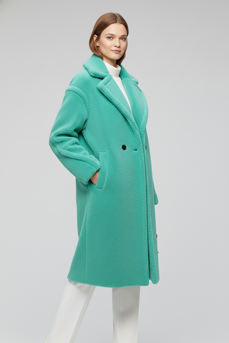 Woman wearing a teal coat on a white background