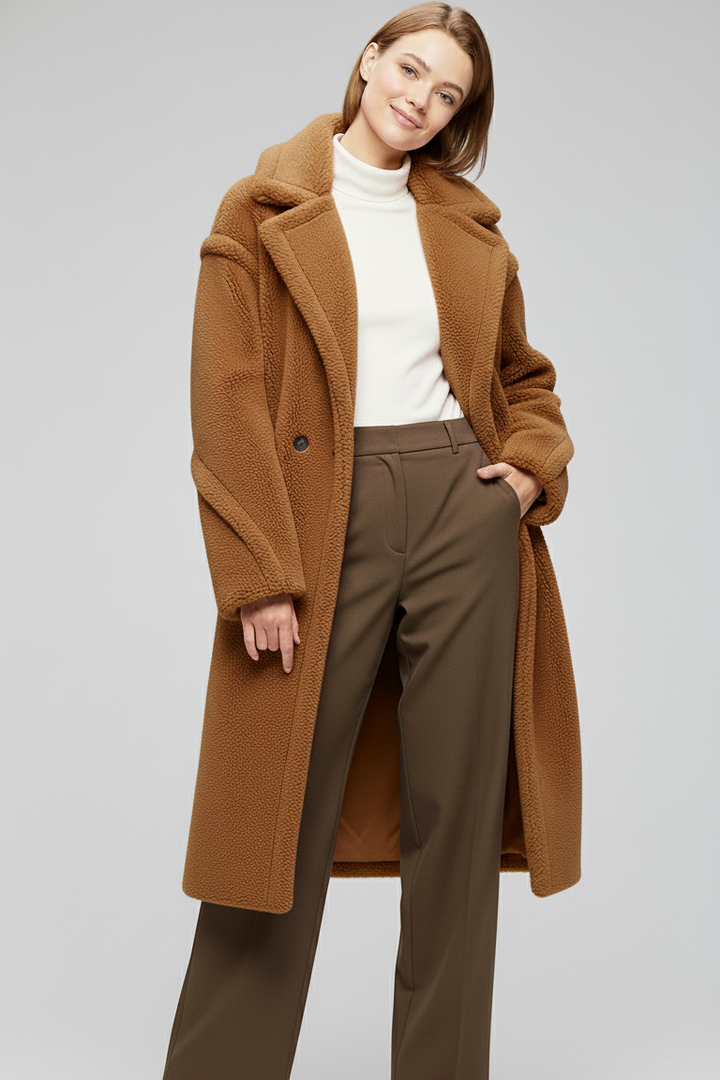 Woman wearing a brown coat and brown pants on a white background