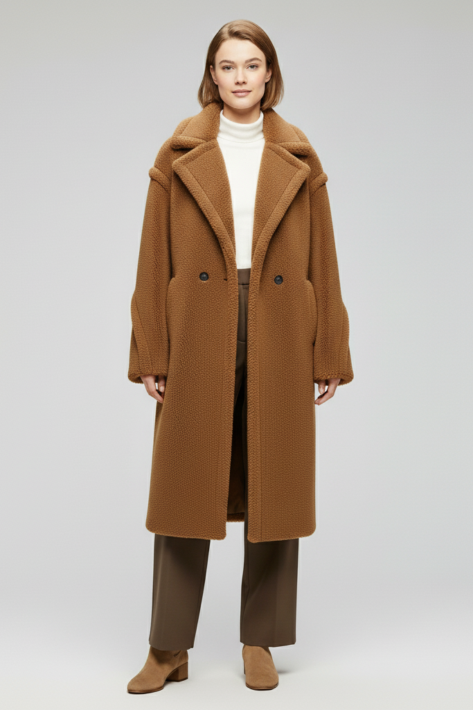 Woman wearing a brown coat on a plain background