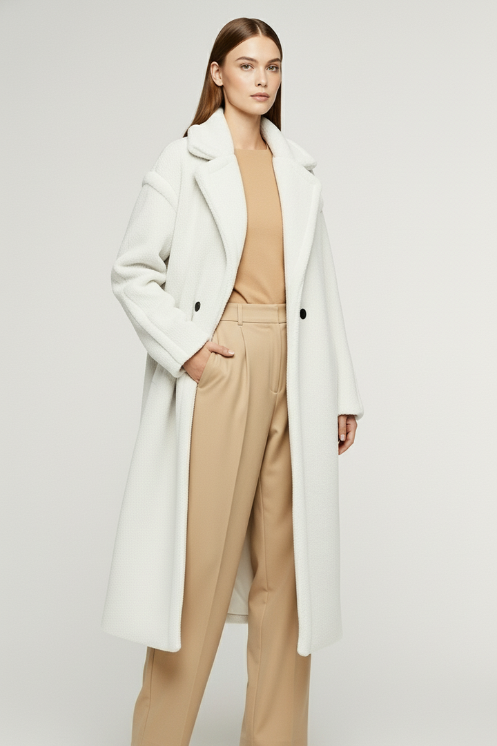 Woman wearing a white coat and beige pants on a white background