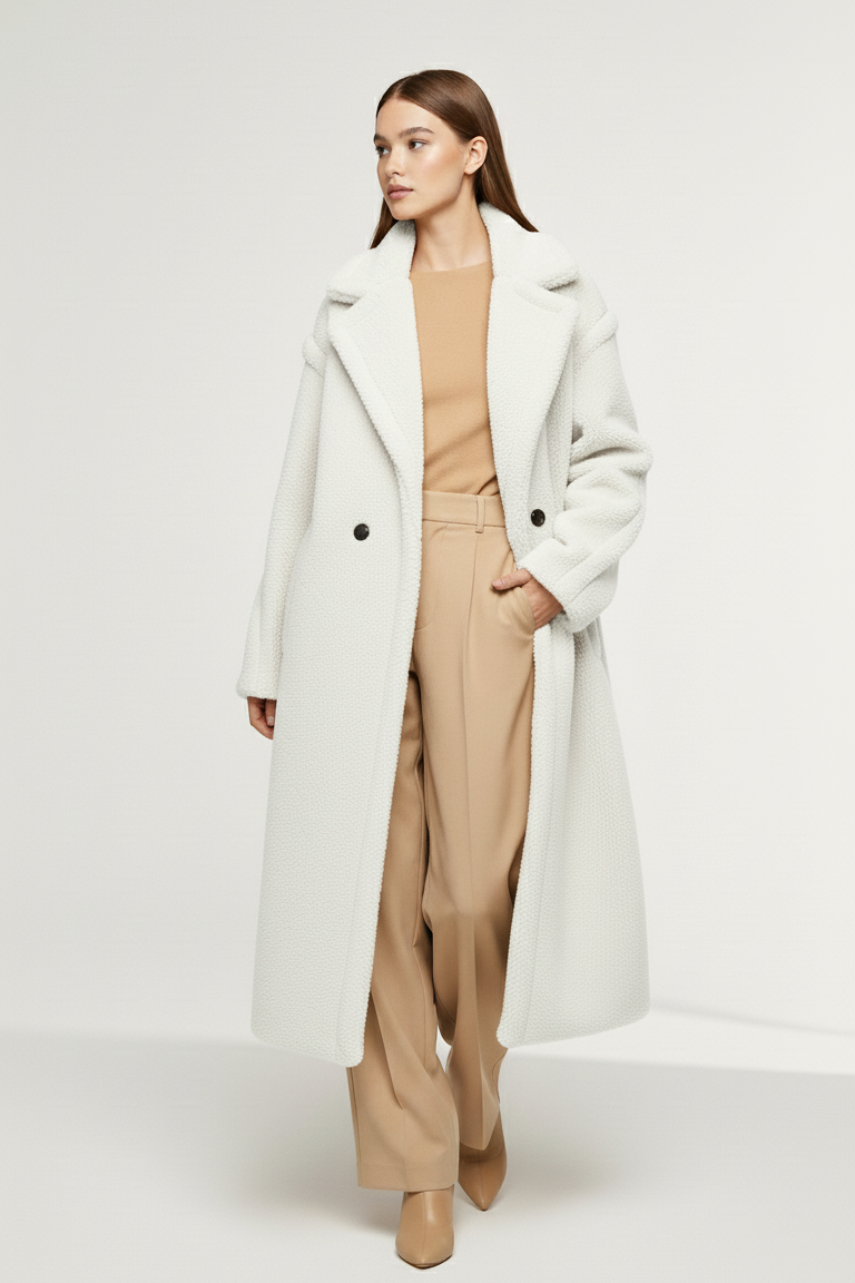 Woman wearing a long white coat over a beige outfit on a white background