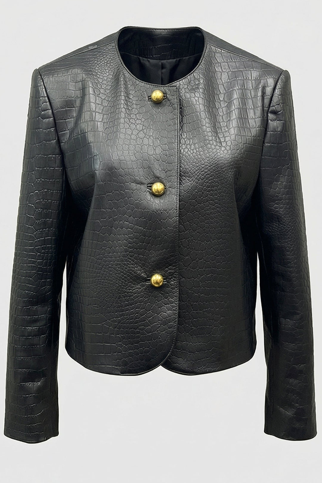 MONROE - Black crocodile embossed leather jacket with gold buttons
