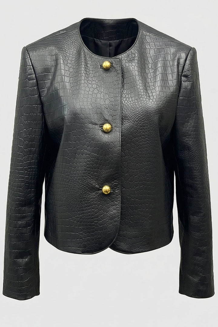 MONROE - Black crocodile embossed leather jacket with gold buttons