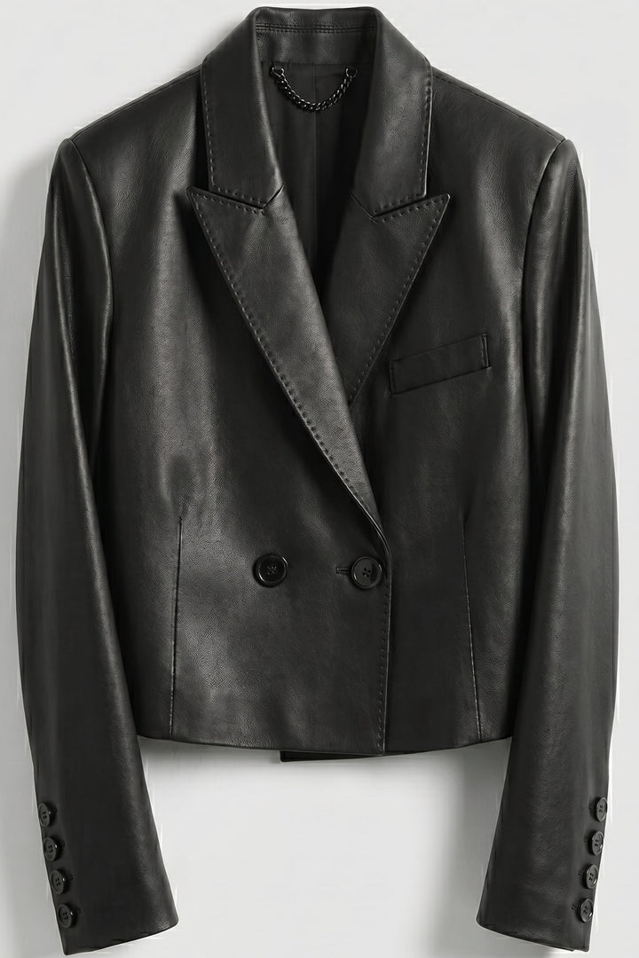 MORLEY - Short Leather Suit Jacket, Black Double-Breasted Cropped Style