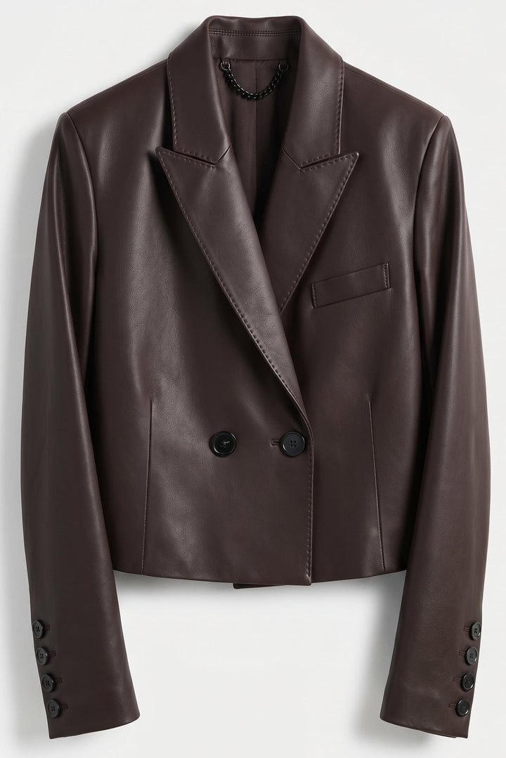 MORLEY - Short Leather Suit Jacket, Brown Double-Breasted Cropped Style