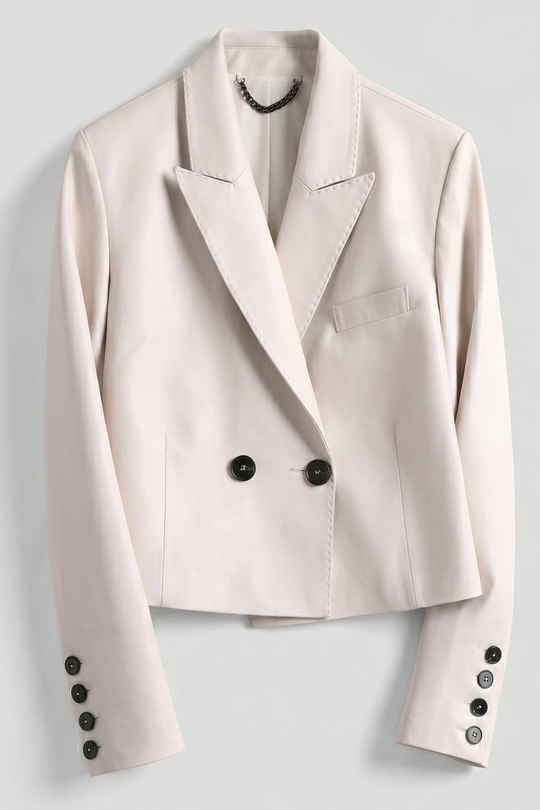 MORLEY - Short Leather Suit Jacket, Cream Double-Breasted Cropped Style