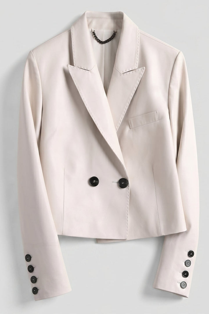 MORLEY - Short Leather Suit Jacket, Cream Double-Breasted Cropped Style