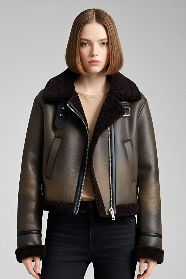 MYRABELLA brown shearling winter coat close-up