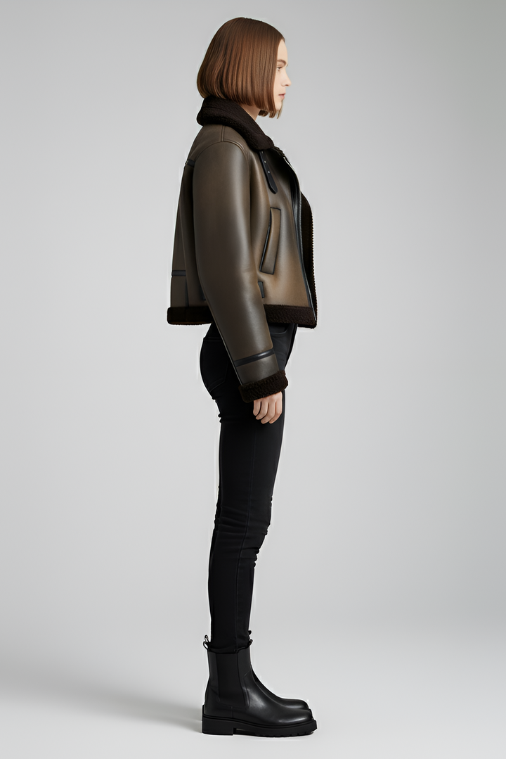 MYRABELLA brown short winter coat with shearling cuffs