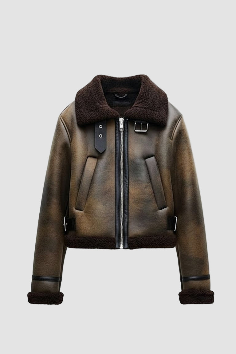 MYRABELLA vintage brown cropped faux fur jacket front view