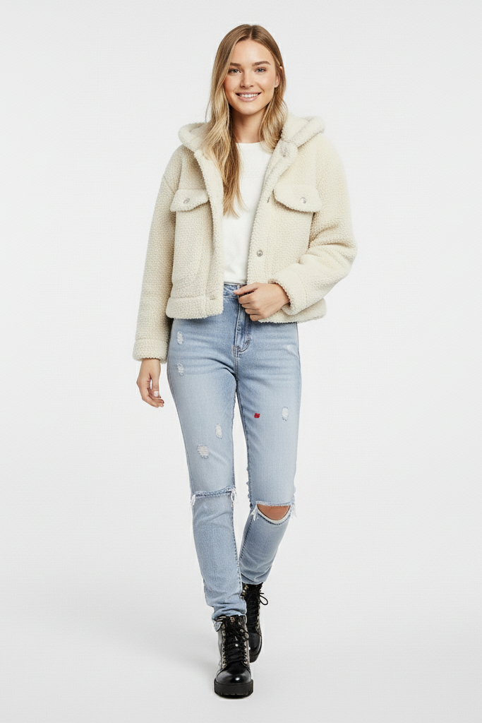 MYRALI Winter Fleece Jacket cream color, product shot with hood