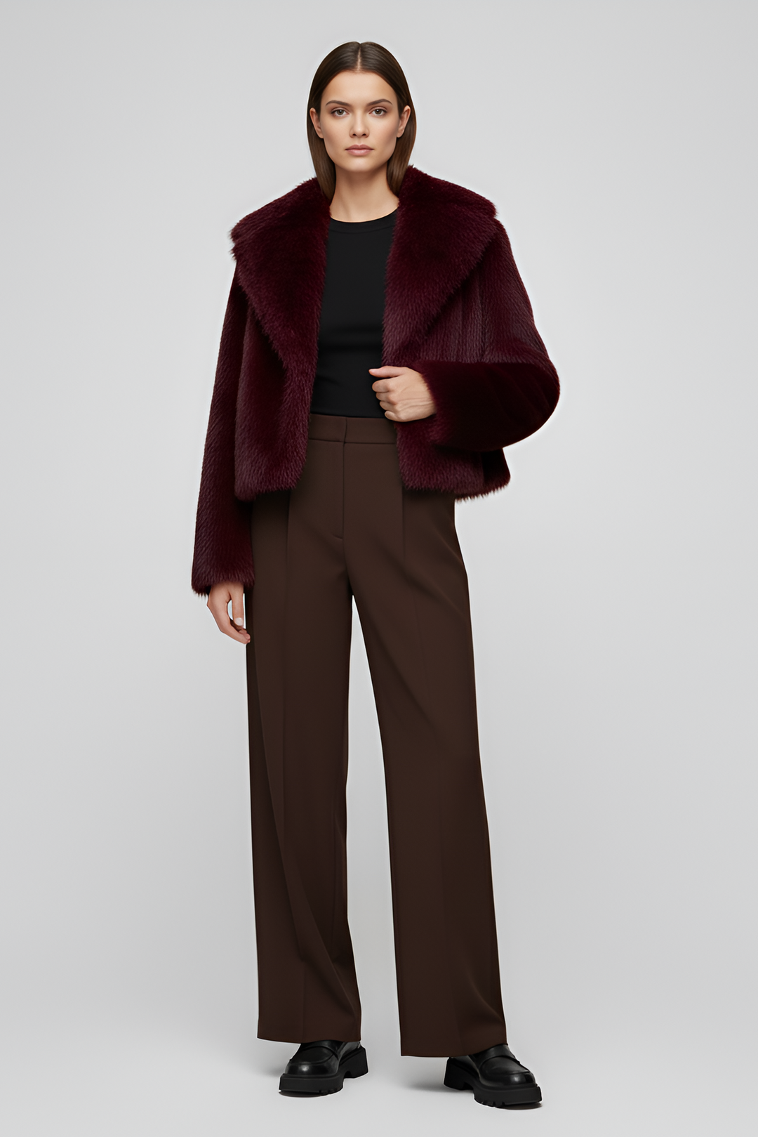 Macro shot of the deep burgundy faux fur material from the Camelia winter coat, showing its luxurious and soft finish.