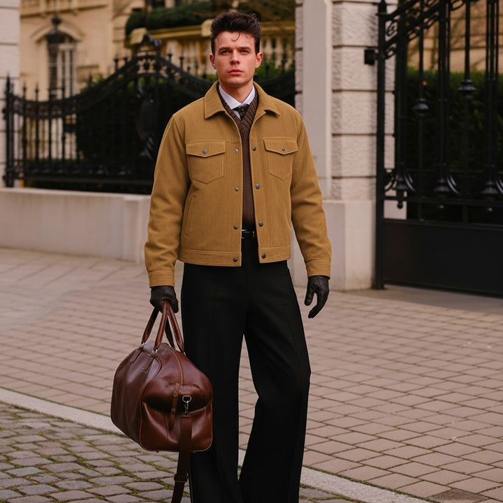 Man in a mustard jacket holding a brown leather bag on a city street.