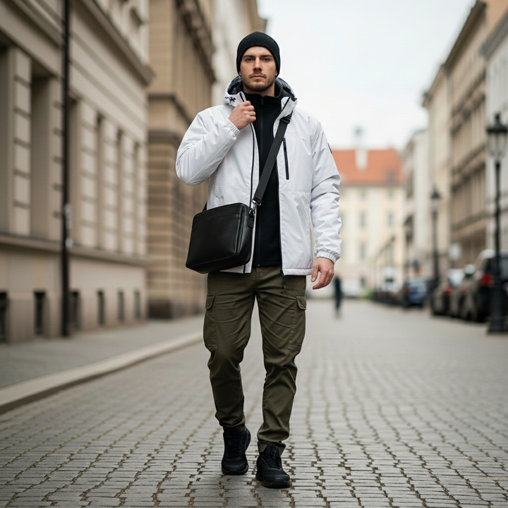Man in a white jacket and black beanie walking on a city street.