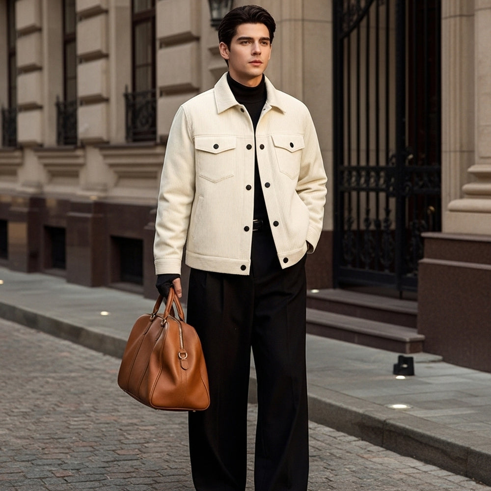 Man in a white jacket and black pants holding a brown leather bag on a city street.