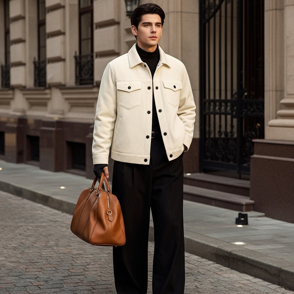 Man in a white jacket and black pants holding a brown leather bag on a city street.