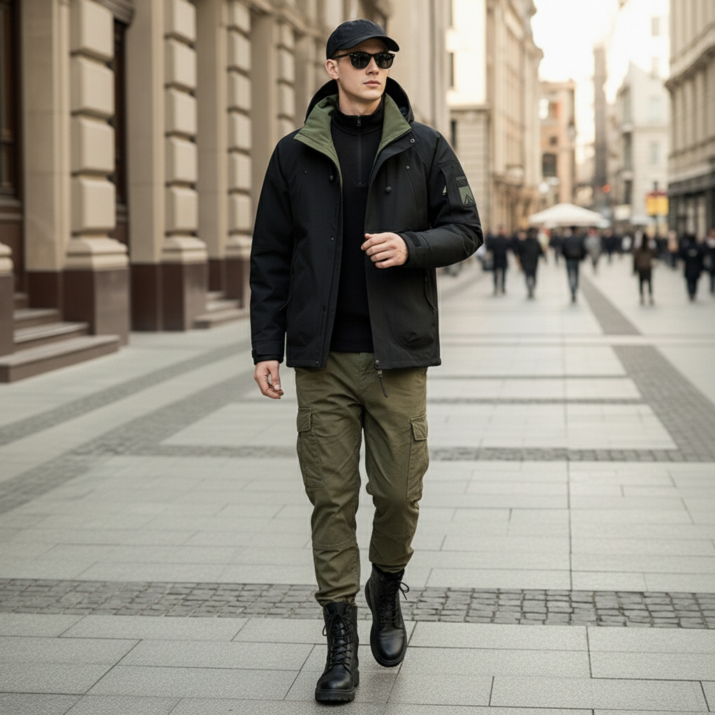 Man in black jacket and green pants walking on a city street.