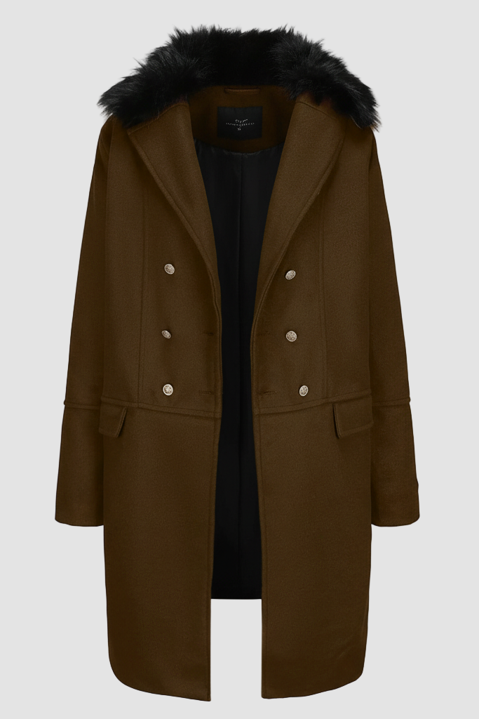 Man wearing HARLENE Wool Blend Double-Breasted Coat in tobacco color with removable faux fur collar.