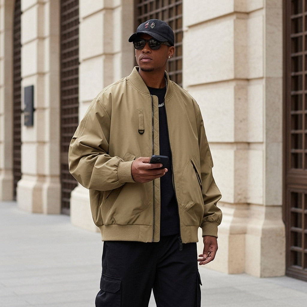 Man wearing a beige bomber jacket and black cap, standing in front of a building.