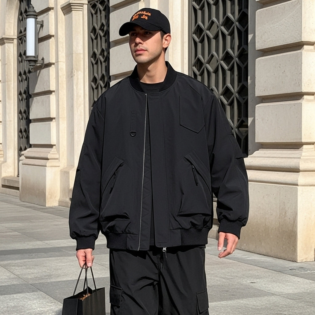 Man wearing a black jacket and cap standing in front of a building.