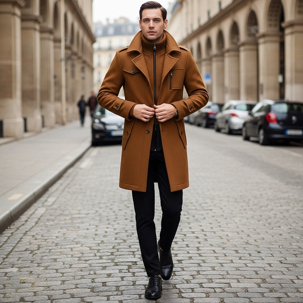 Man wearing a brown coat walking on a city street.