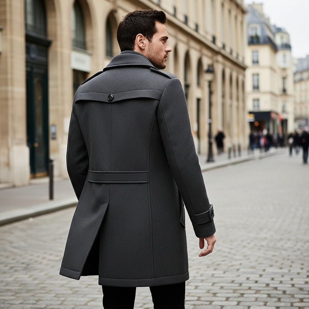 Man wearing a gray coat walking down a city street.
