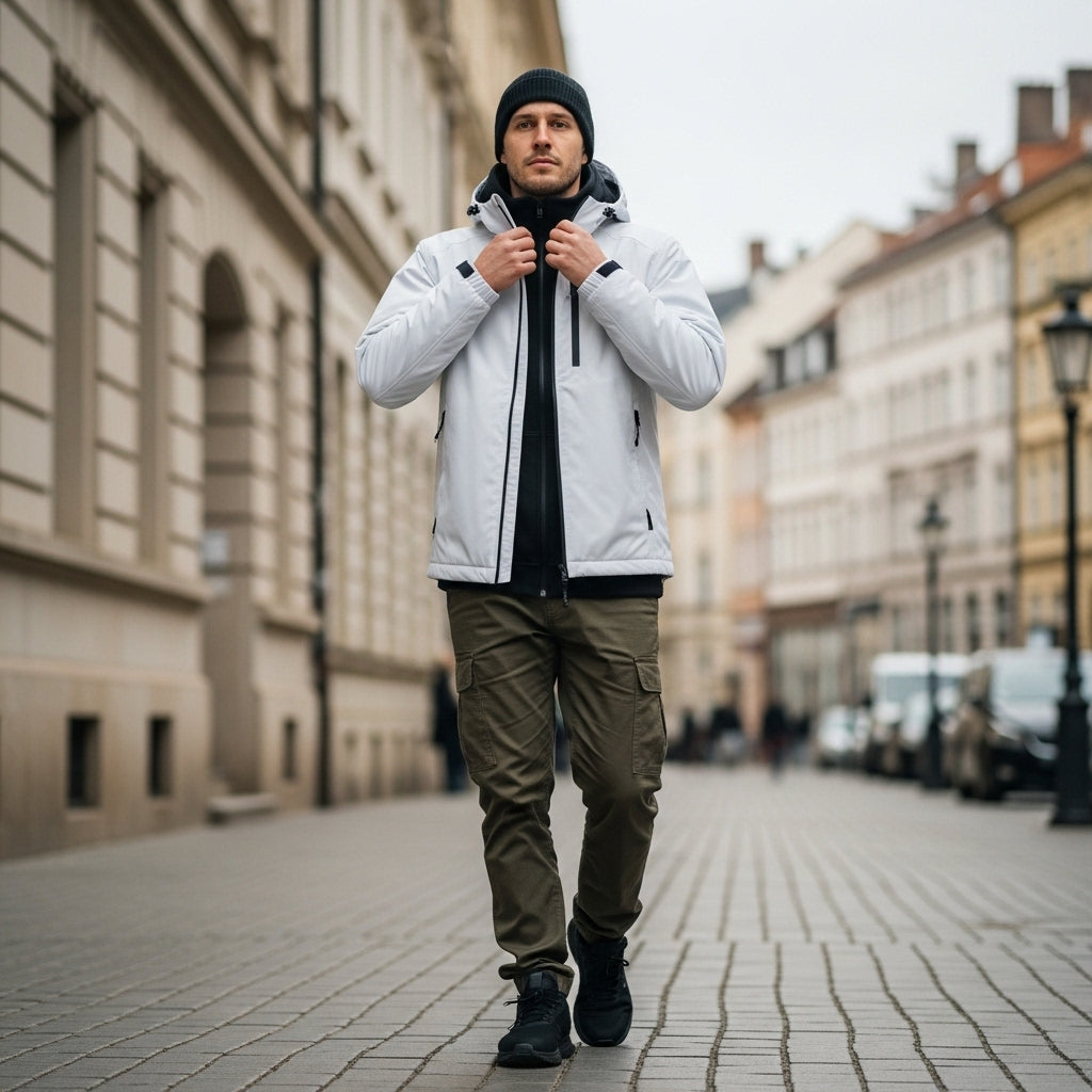 Man wearing a white jacket and black beanie standing on a city street.