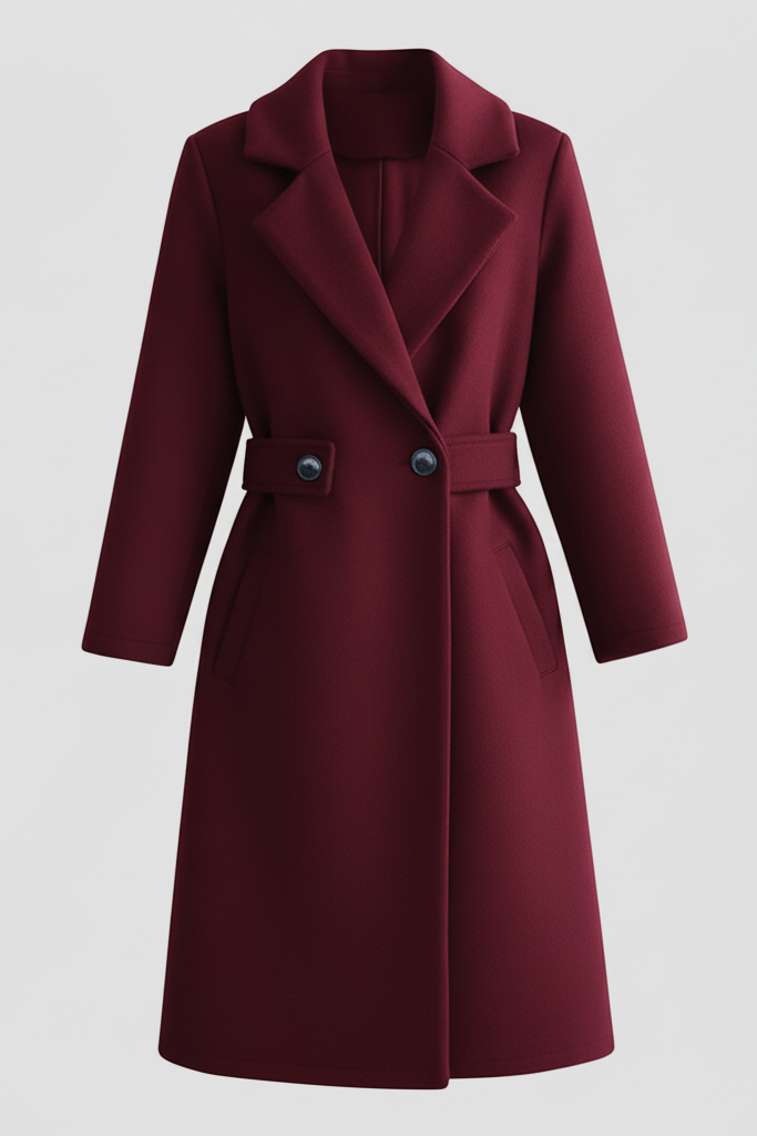 Maroon coat with a belt on a light gray background