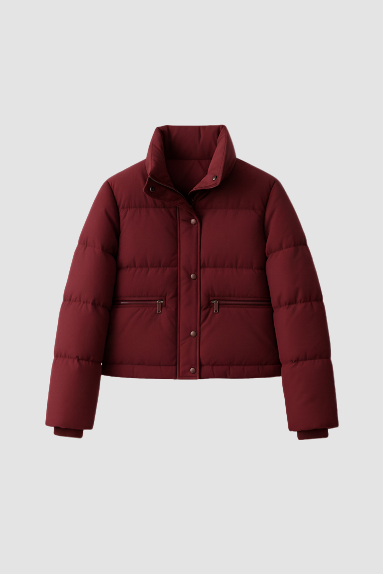 Maroon puffer jacket on a light gray background