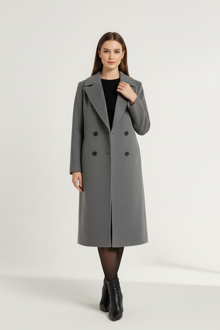 Mirella, a woman dressed in a gray coat, stands against a plain white background.