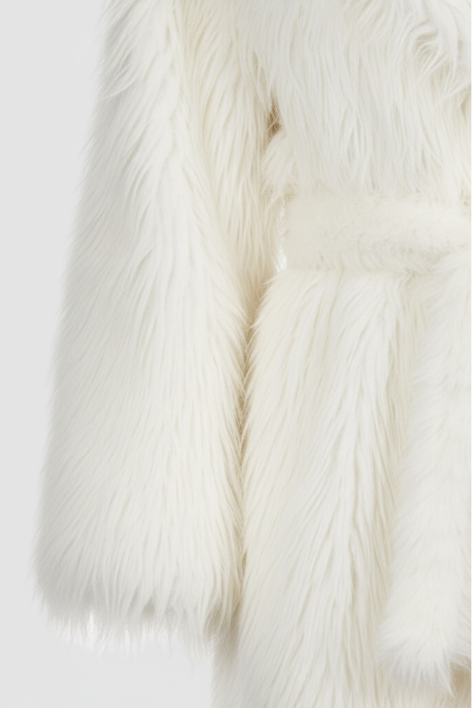 Model adjusting the belt of the MARZELA long faux fur coat.