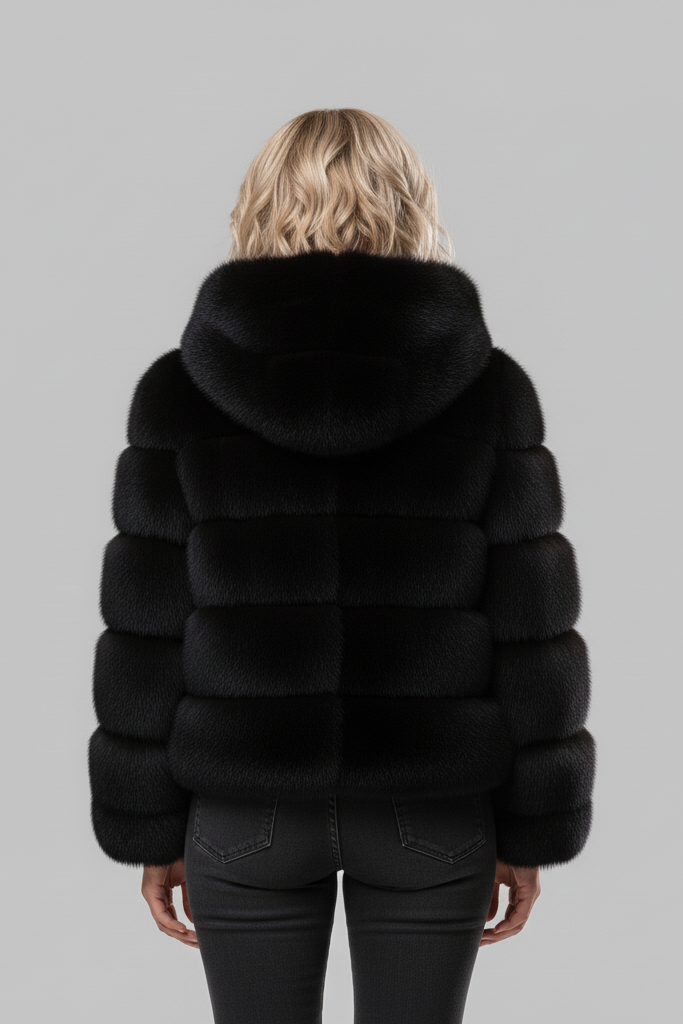 Model adjusting the hood of the LIREN faux fur jacket.