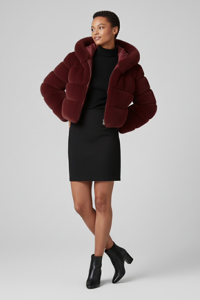 Model adjusting the zipper of the VELMIRA faux fur jacket in a lifestyle portrait.