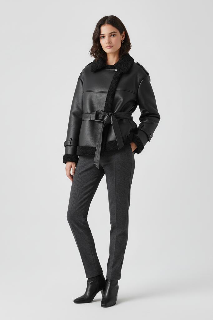 Model back view wearing black faux leather plush winter coat