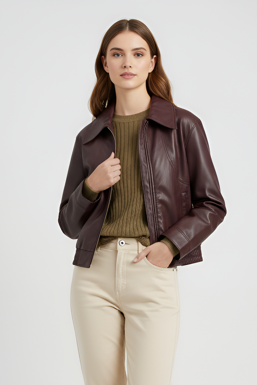 Model outfit with Dalvera faux leather cropped jacket 