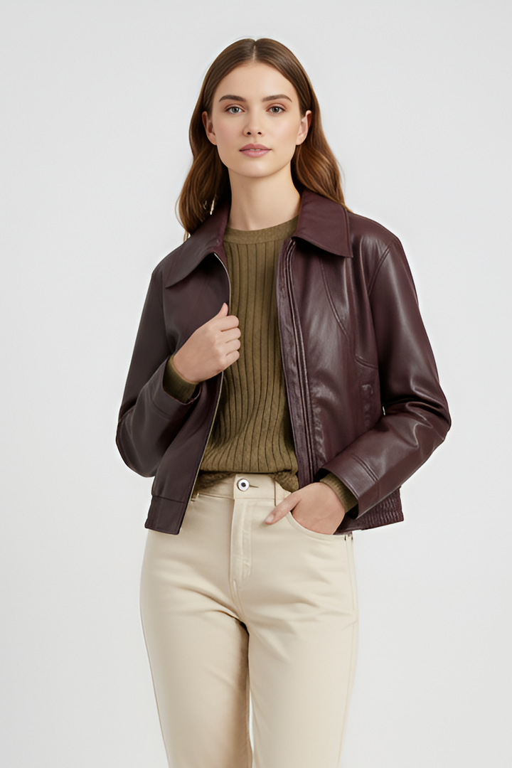 Model outfit with Dalvera faux leather cropped jacket 