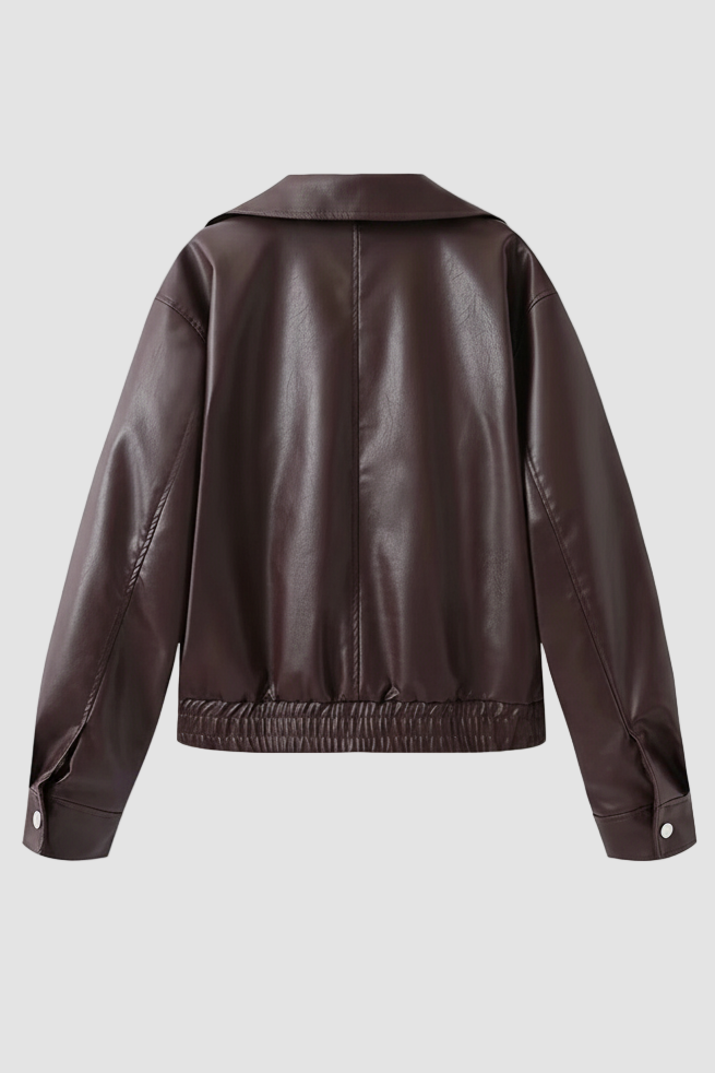 Model outfit with Dalvera faux leather cropped jacket and high waist pants