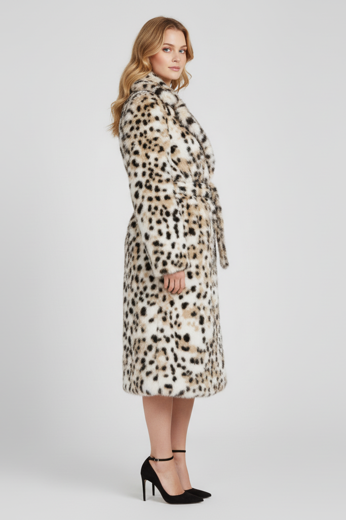 Model posing in the LYSERRA Leopard Shearling Coat during a casual winter street photoshoot