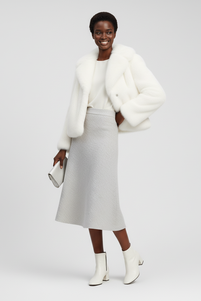 Model posing in the plush RAELORA faux fur coat with horn-button closure.