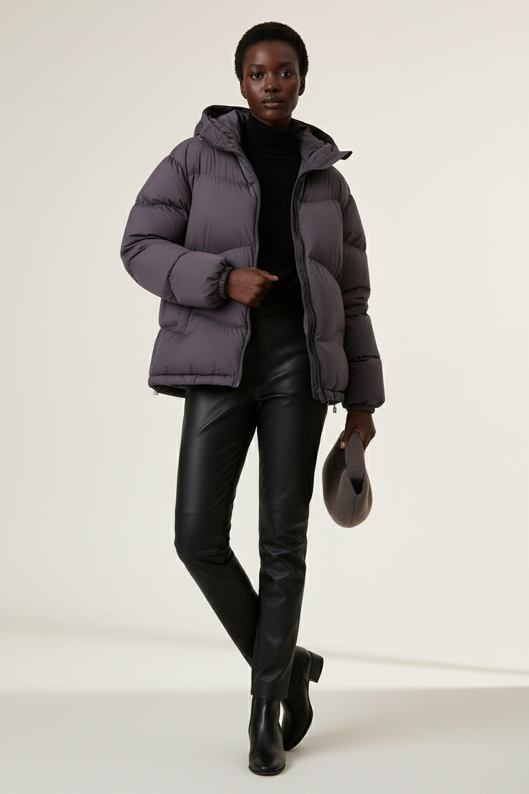 Model seated wearing LYORE Down Jacket with black turtleneck and leather pants, exuding modern winter style.