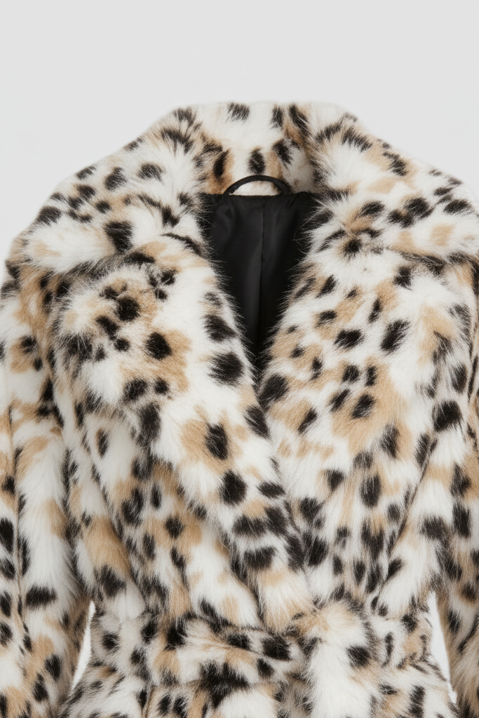 Model showcasing the long silhouette of the LYSERRA Leopard Shearling Coat in an urban backdrop