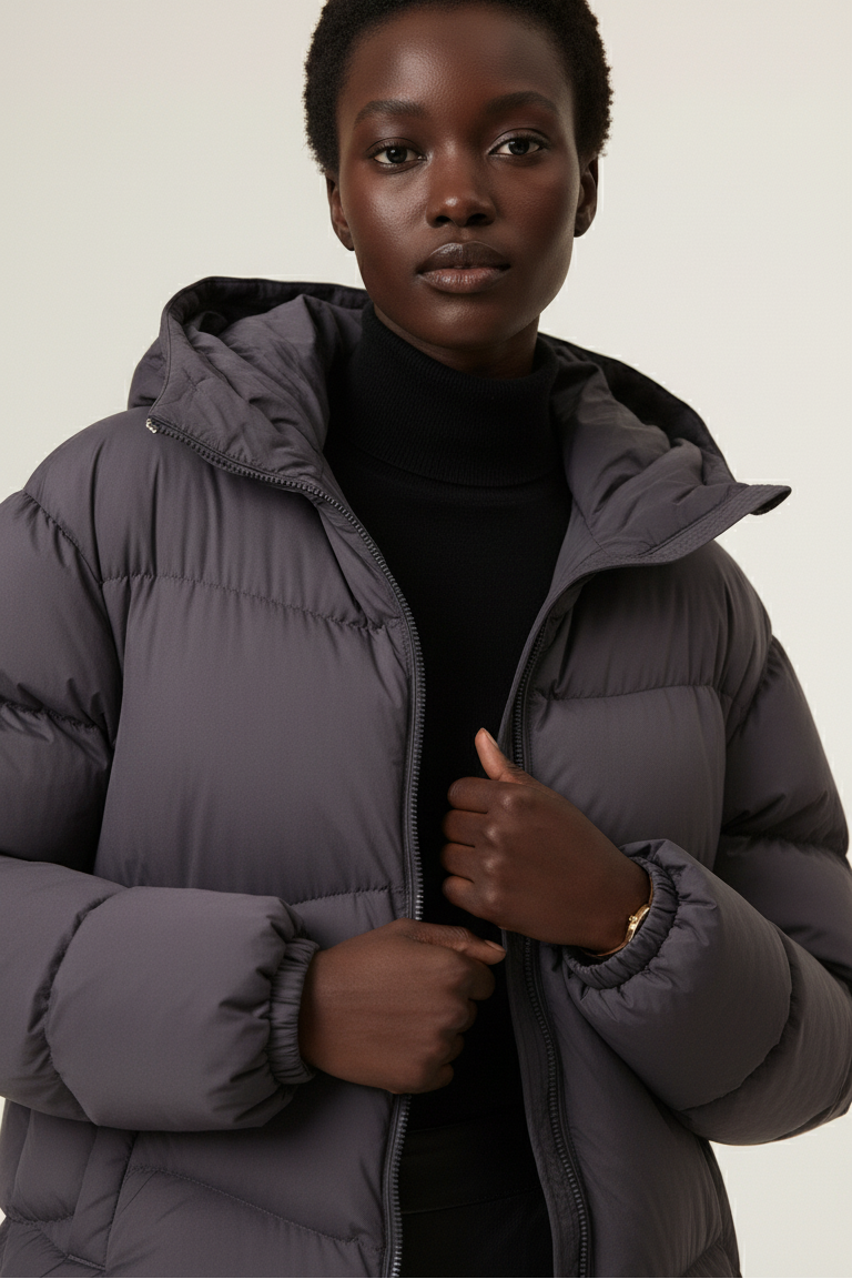 Model standing in LYORE Down Jacket, minimal studio background emphasizing sleek silhouette.