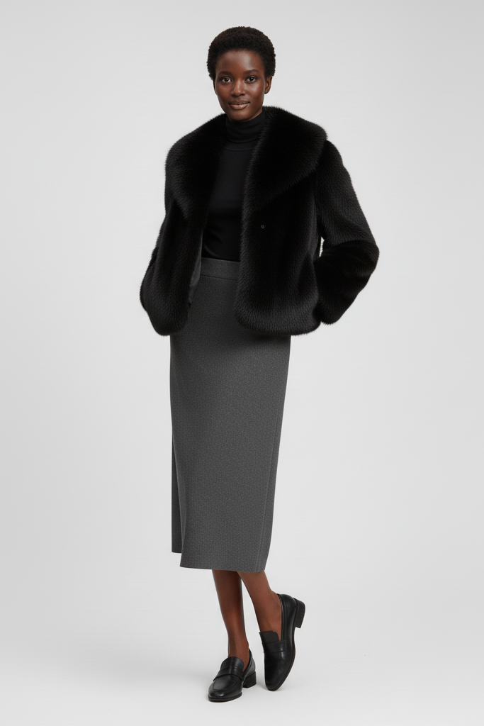 Model standing outdoors wearing the warm RAELORA faux fur winter coat.