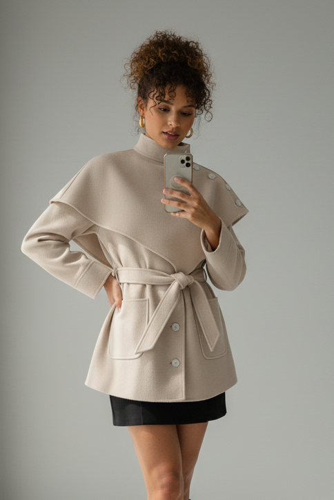 Model styling ELENZGA Wool Blend Long Coat for an elegant, minimalist winter look.